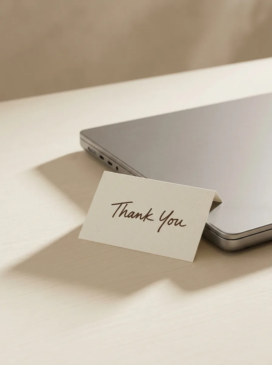 A closed laptop with a hand-written thank-you card leaning against it in warm morning light.