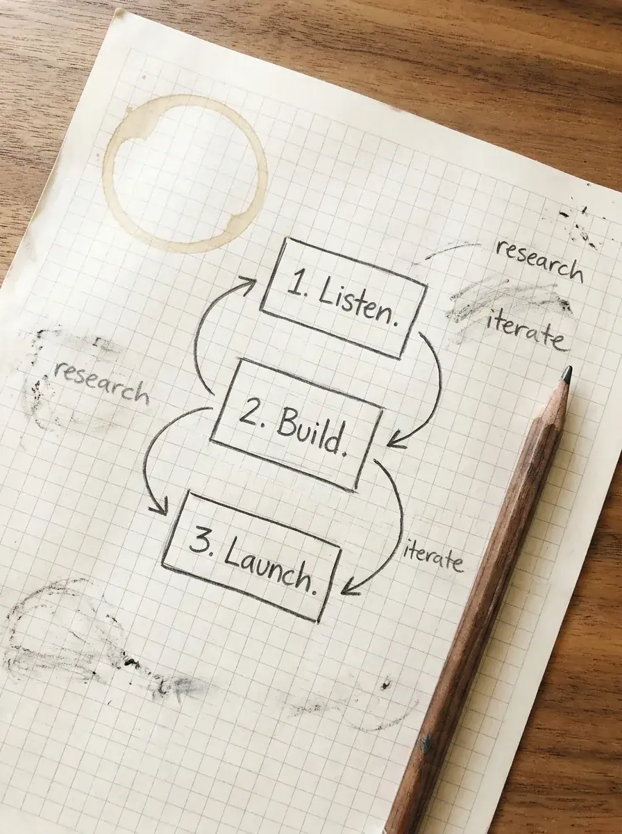 A hand-drawn three-step plan on graph paper, marked with a faint coffee-cup ring.