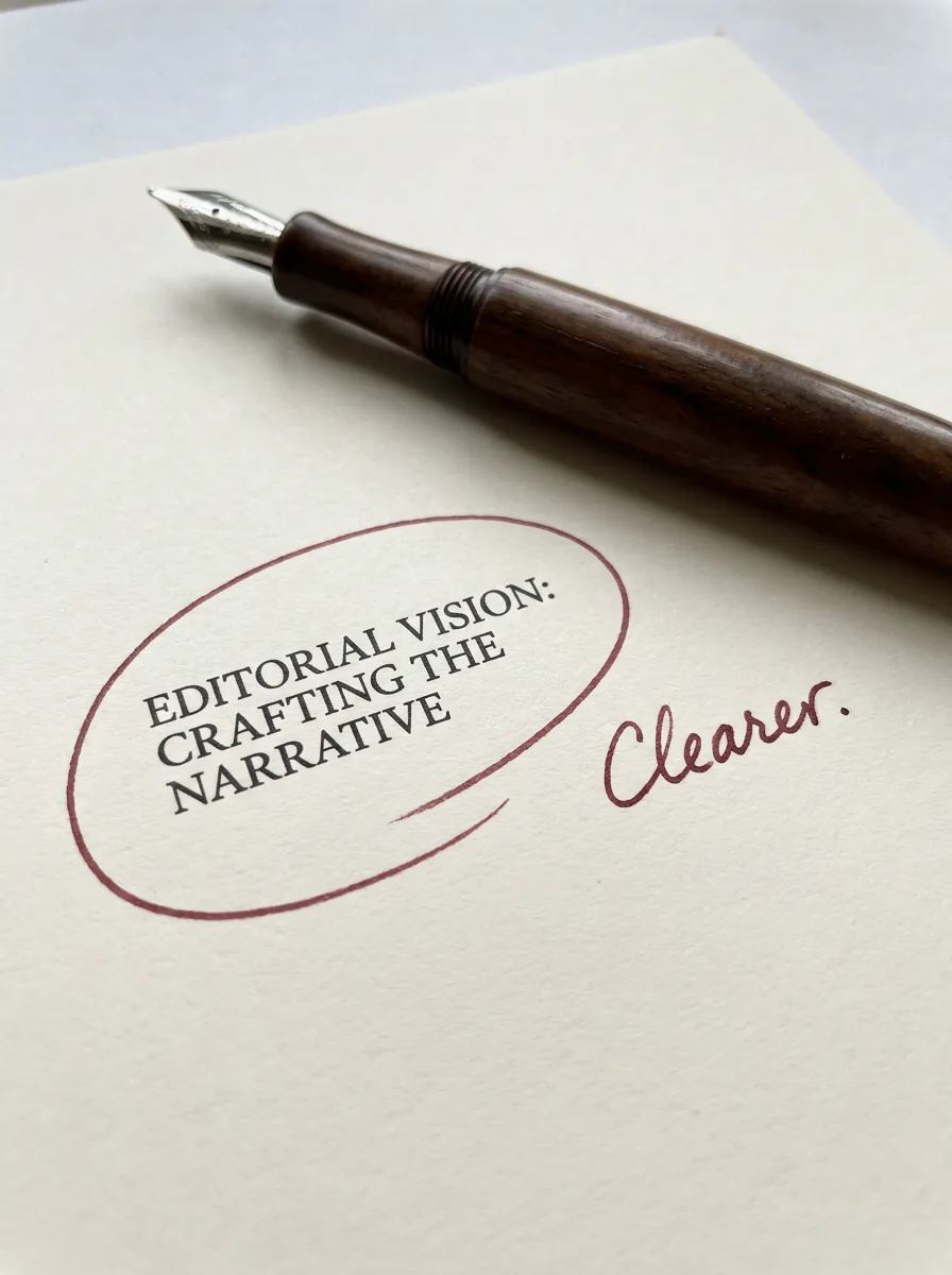 A fountain pen circles a headline in brick-red ink with the note Clearer beside it.