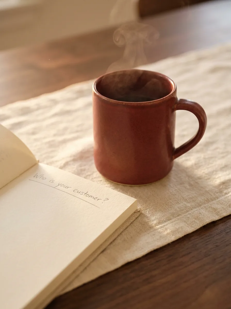 A brick-red mug sits beside an open notebook with the handwritten question Who is your customer.