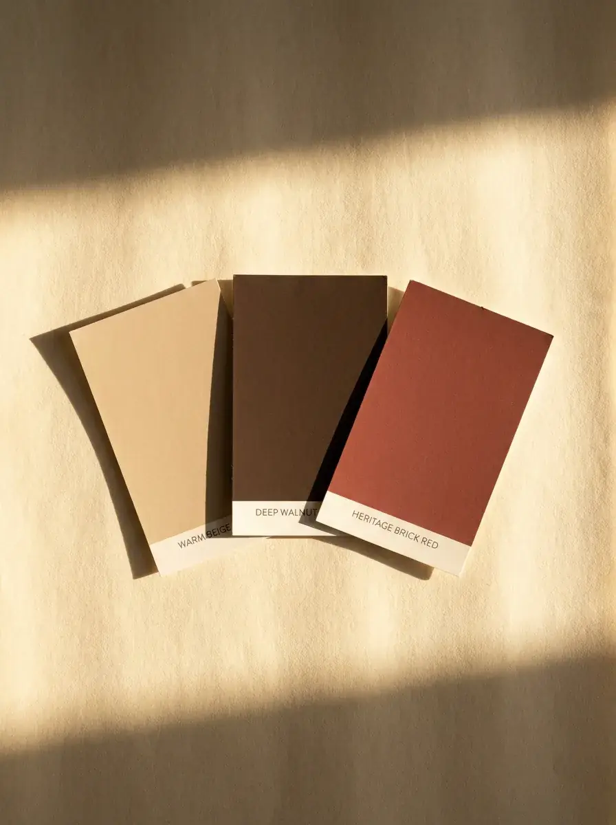 Three paint chips fanned on parchment, warm beige, walnut brown, brick red, in low morning light.