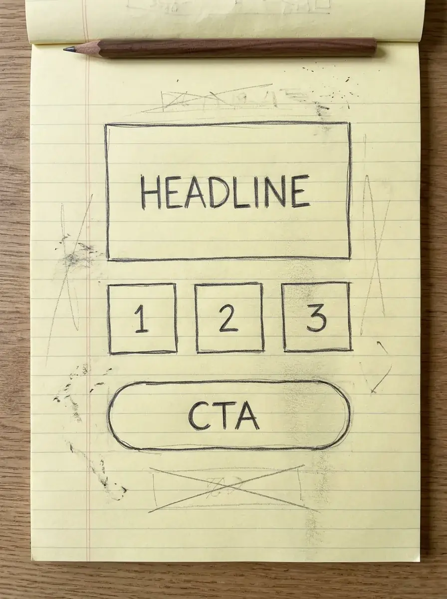 A pencil wireframe of a homepage on yellow legal pad, hero block, three steps, one CTA.