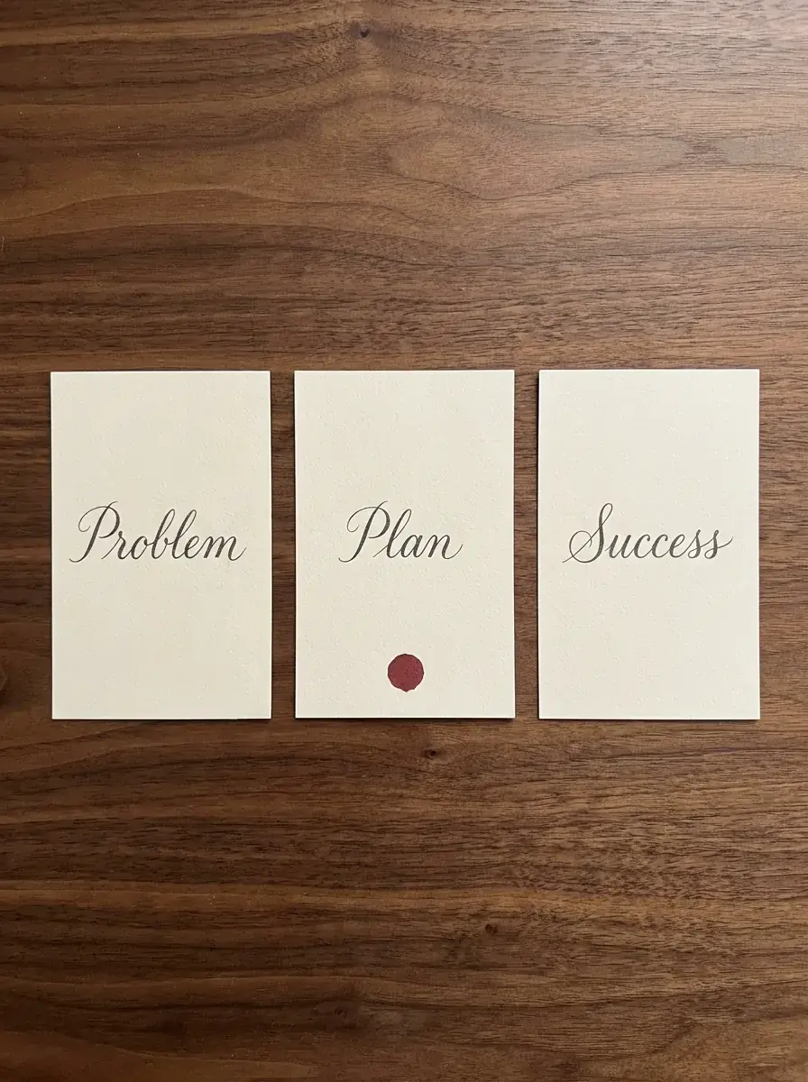 Three index cards laid on walnut wood read Problem, Plan, Success, with a small brick-red dot under the middle card.