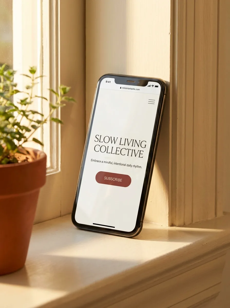 A phone on a window sill displays a finished homepage in soft morning light.